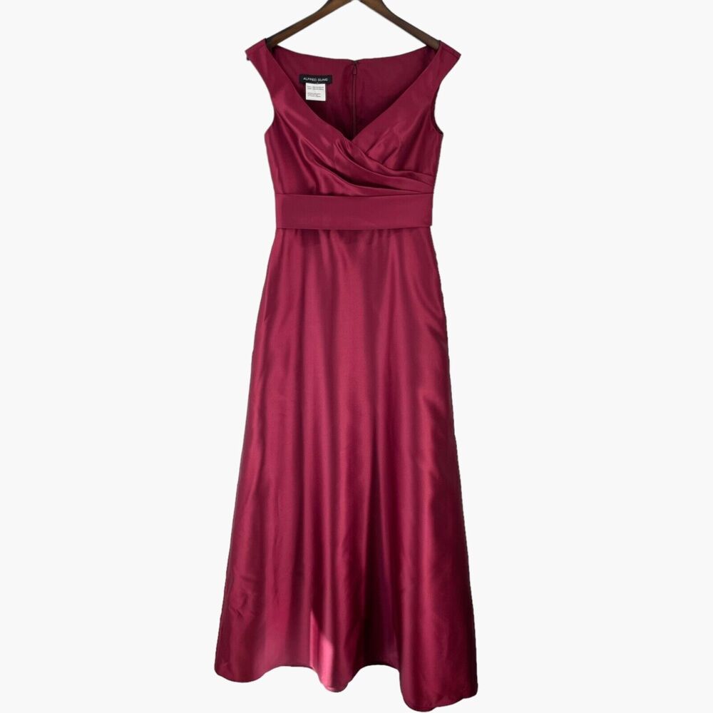 Alfred Sung Off the Shoulder Satin Maxi Dress in‎ Burgundy Red - Picture 3 of 8
